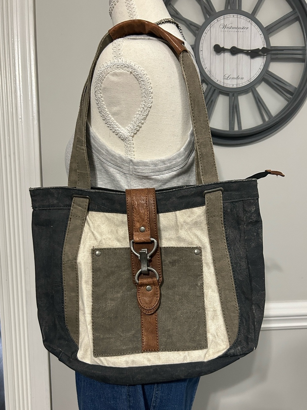 Mona B Nora Purse Canvas Colorblock Tote with Leather Trim